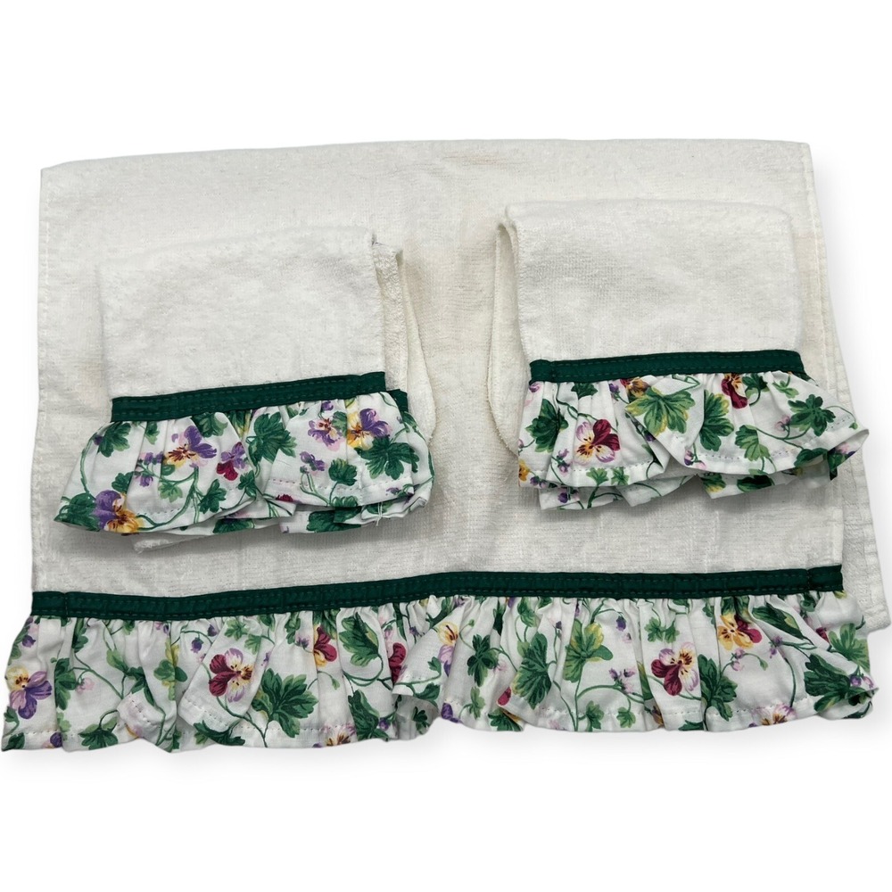 Vtg 80's Set - 2 Washcloths 1 Hand Towel White Green Garden‎ Cottagecore Guest